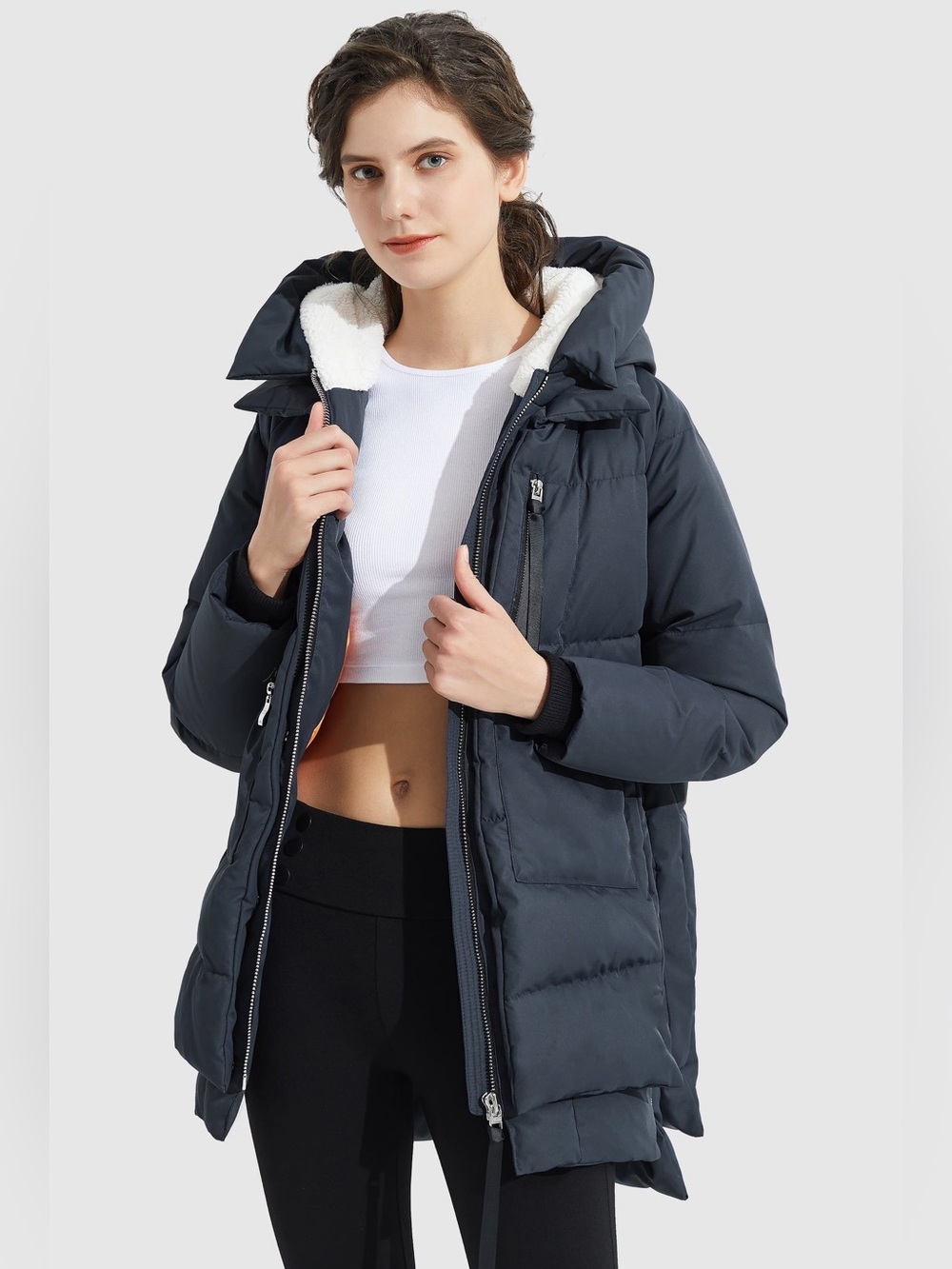 Orolay Women's navy side zippers Thickened Down Jacket sherpa-lined hood size XS